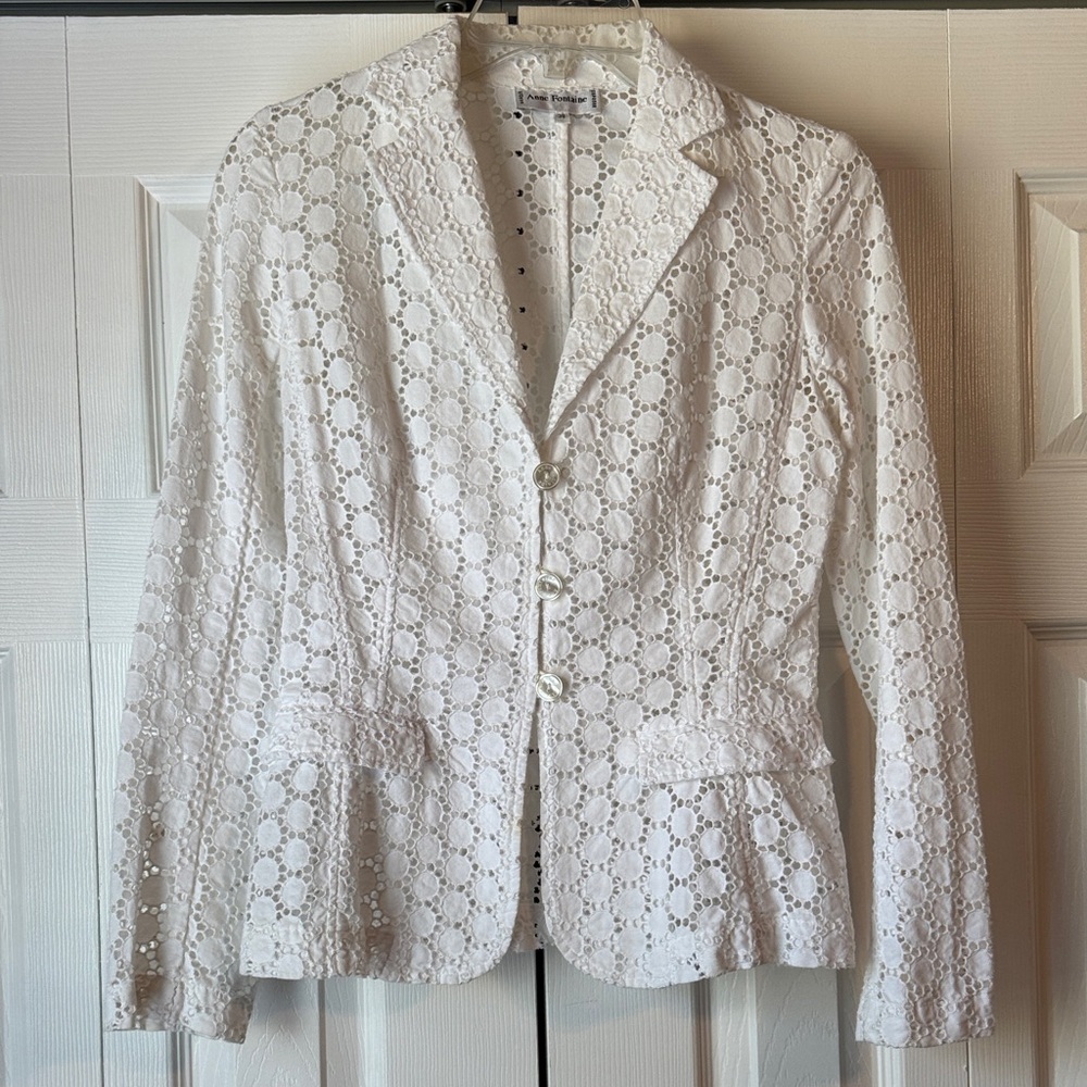 Anne Fontaine White Eyelet Lace Blazer Jacket – EU 38 (US 4-6) – 100% Cotton
